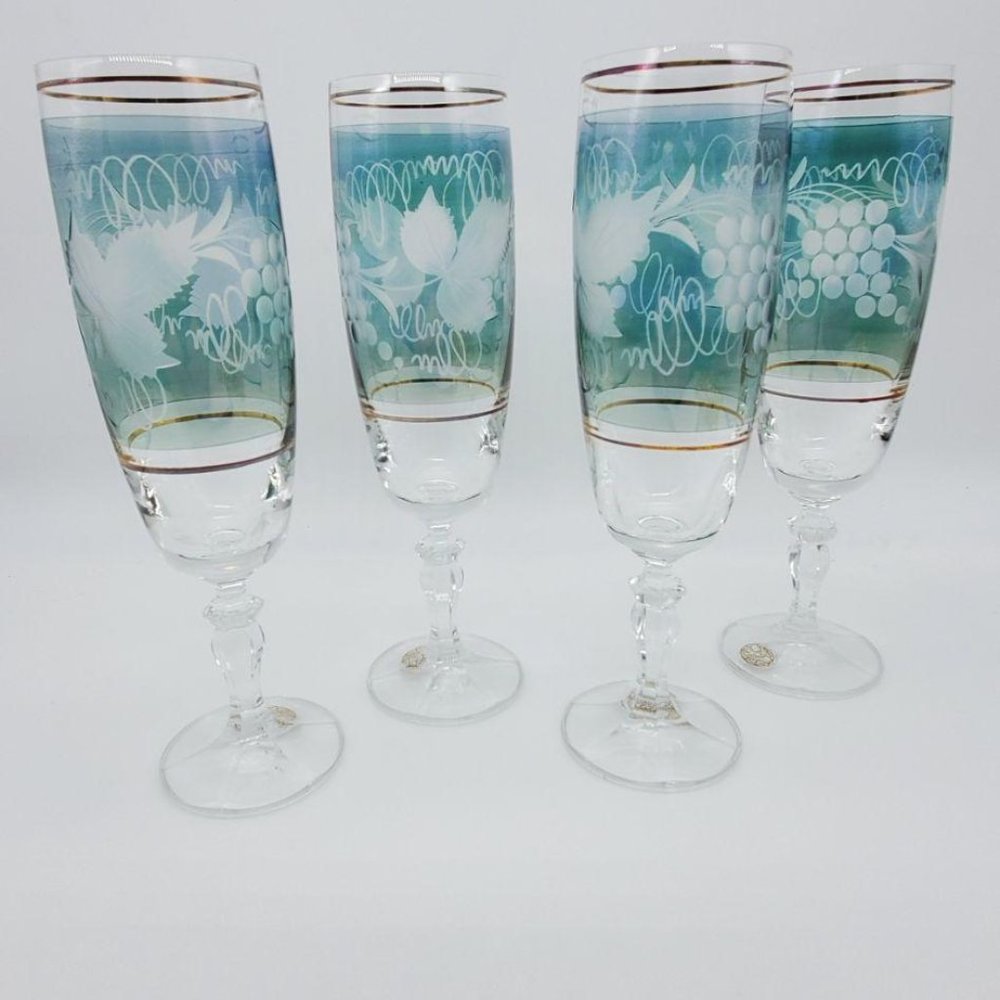 4 Vintage Bohemia Crystal Grape/Vine Etched Futes